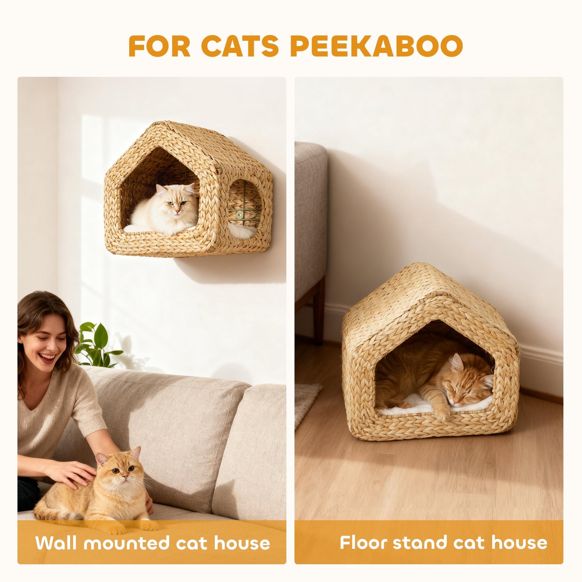 HKM-5509309 Wall-Mounted Cat House with Washable Cushion, Chic Seagrass Design for Small Spaces