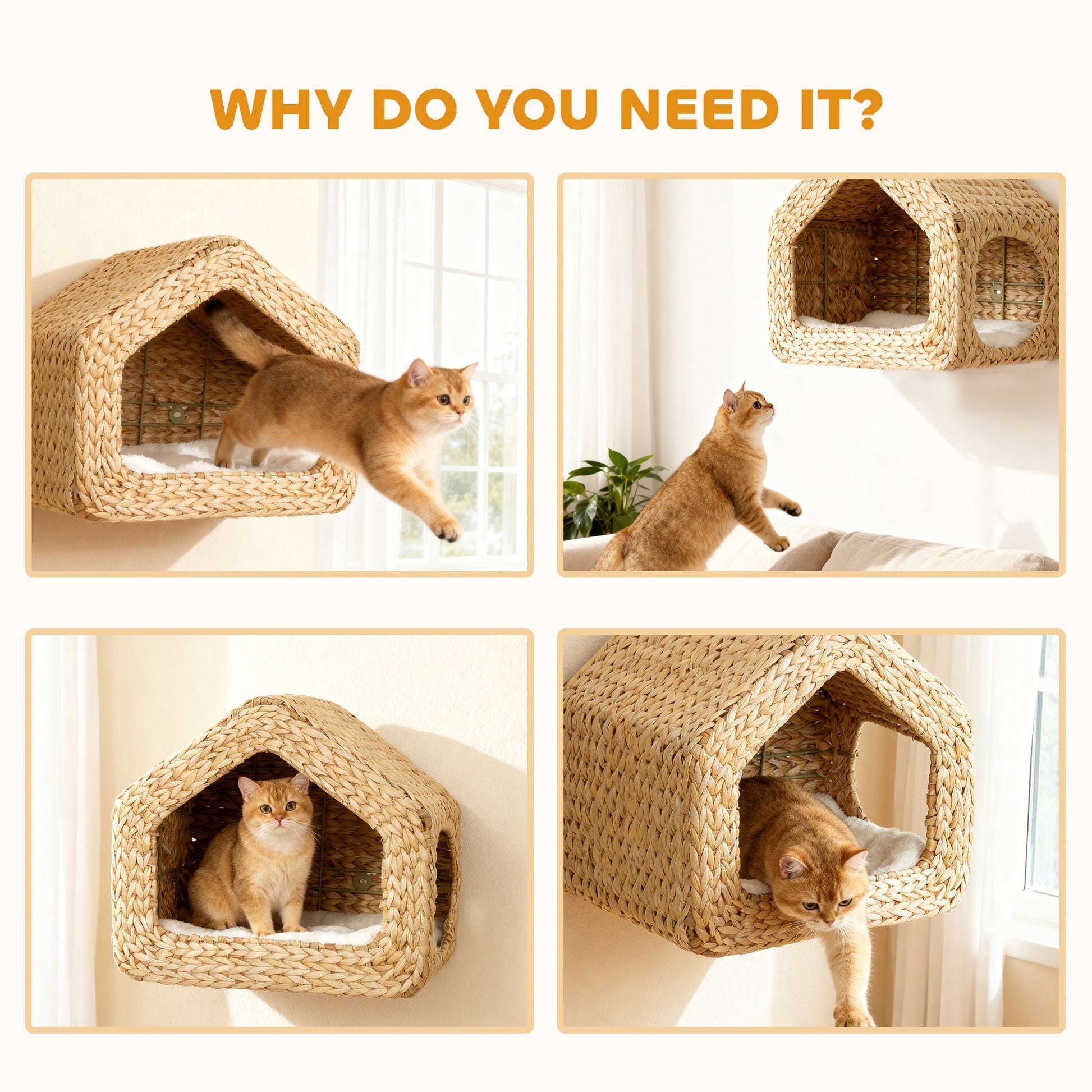HKM-5509309 Wall-Mounted Cat House with Washable Cushion, Chic Seagrass Design for Small Spaces
