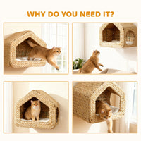 HKM-5509309 Wall-Mounted Cat House with Washable Cushion, Chic Seagrass Design for Small Spaces