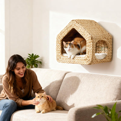 HKM-5509309 Wall-Mounted Cat House with Washable Cushion, Chic Seagrass Design for Small Spaces
