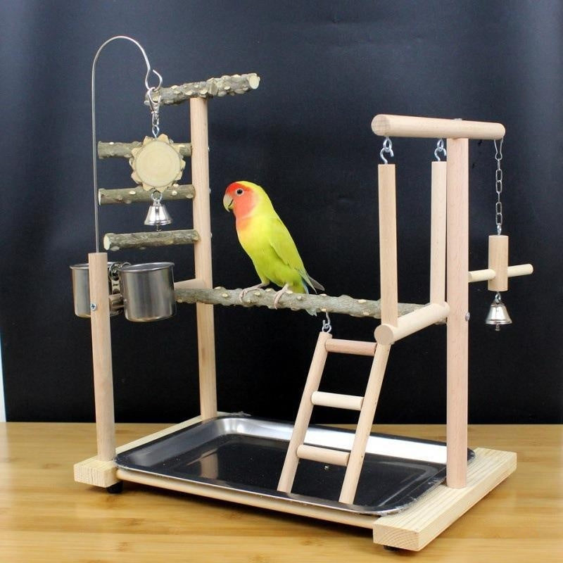 HKM-551187 Wooden Parrot Stand with Tiger Skin Peony Design, Pepper Wood Construction