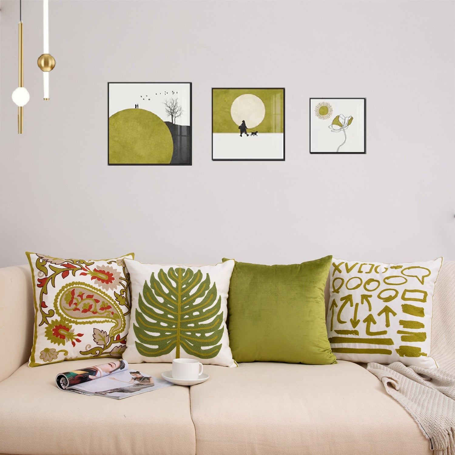 HKM-551315 Geometric Embroidery Flannelette Throw Pillow Cover - Solid Color and Plant Pattern (45x45cm)