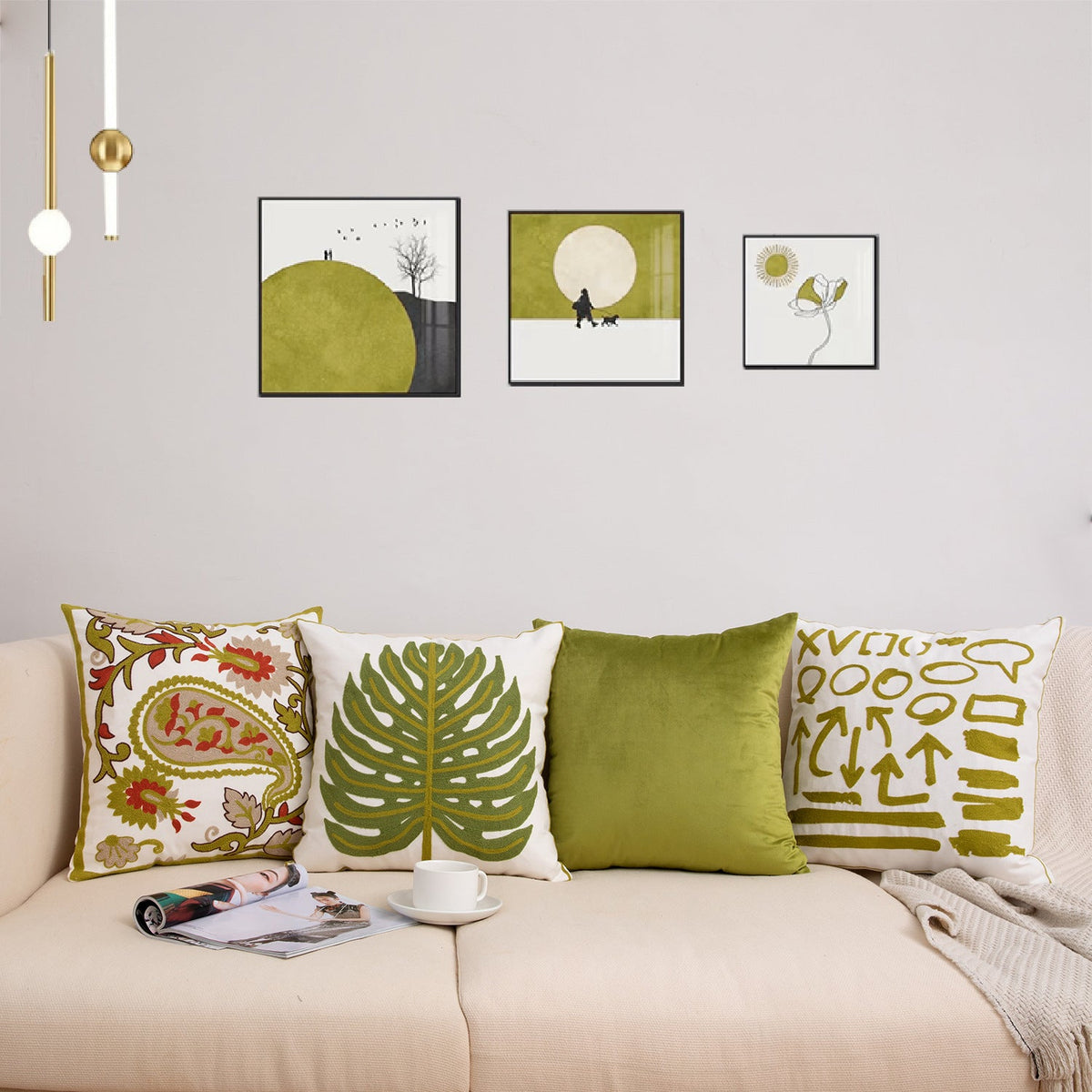 HKM-551315 Geometric Embroidery Flannelette Throw Pillow Cover - Solid Color and Plant Pattern (45x45cm)