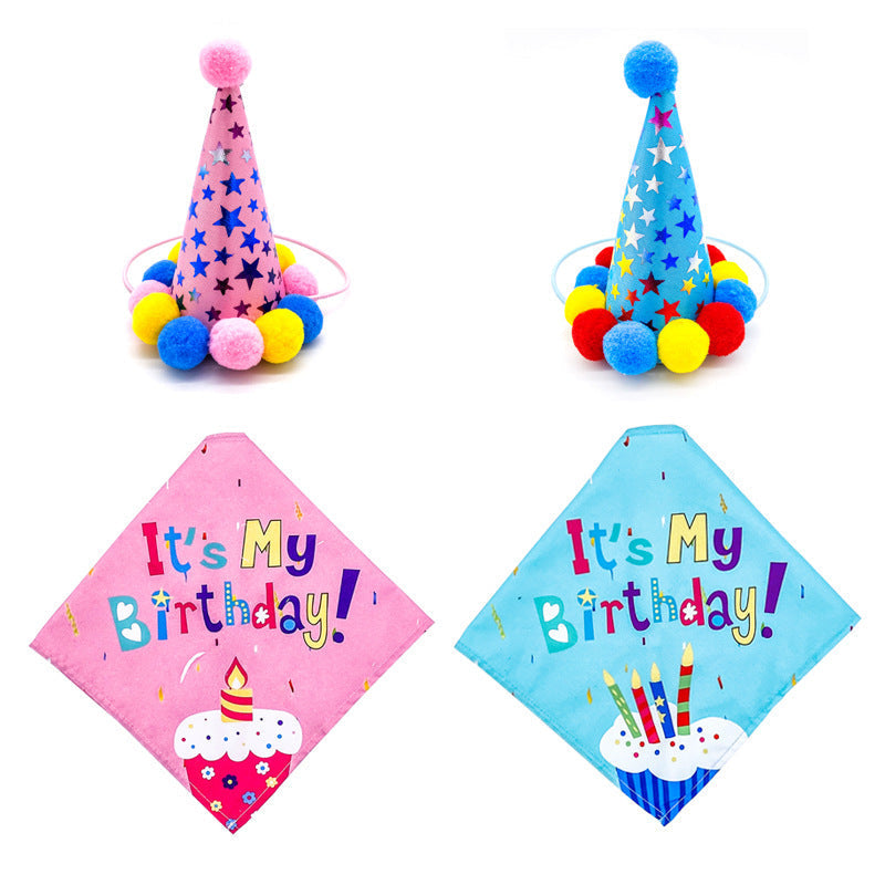 HKM-5513405 First Birthday Party Triangle Set for Pets - Pink/Blue Scarf & Hat, Polyester Decoration