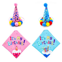HKM-5513405 First Birthday Party Triangle Set for Pets - Pink/Blue Scarf & Hat, Polyester Decoration