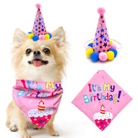 HKM-5513405 First Birthday Party Triangle Set for Pets - Pink/Blue Scarf & Hat, Polyester Decoration
