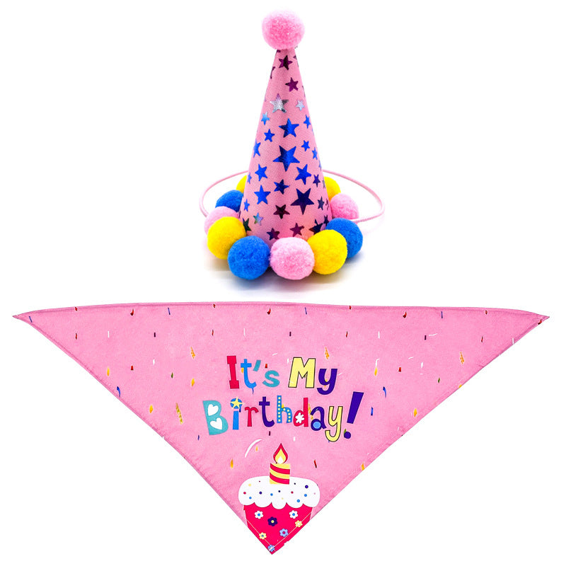 HKM-5513405 First Birthday Party Triangle Set for Pets - Pink/Blue Scarf & Hat, Polyester Decoration