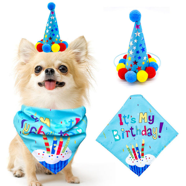 HKM-5513405 First Birthday Party Triangle Set for Pets - Pink/Blue Scarf & Hat, Polyester Decoration