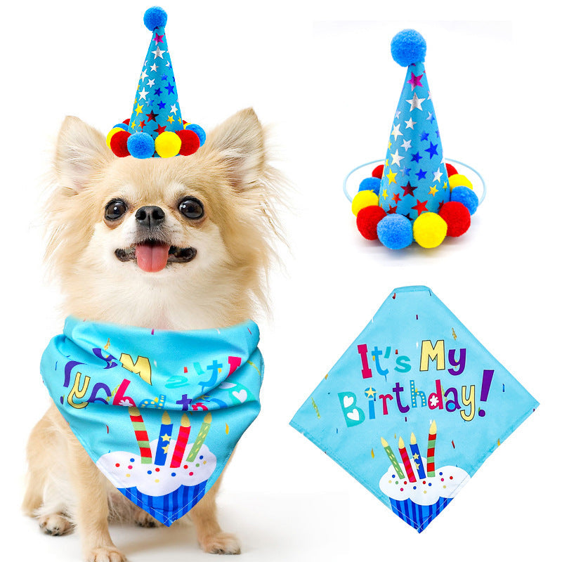 HKM-5513405 First Birthday Party Triangle Set for Pets - Pink/Blue Scarf & Hat, Polyester Decoration