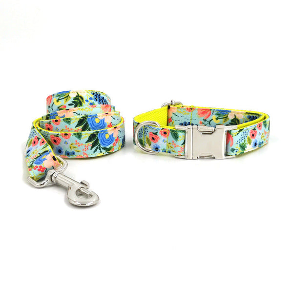 HKM-5513789 Yellow Midsummer Garden Dog Leash and Collar Set for Medium to Large Dogs, Durable Polyester Material