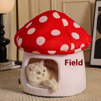 HKM-5515837 Mushroom-Shaped Semi-Enclosed Cat Bed in Red - Cozy Cloth Cat Nest