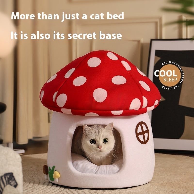 HKM-5515837 Mushroom-Shaped Semi-Enclosed Cat Bed in Red - Cozy Cloth Cat Nest