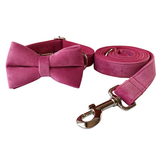 HKM-5517629 Rose Red Velvet Dog Collar with Rope and Bow Accessory Set