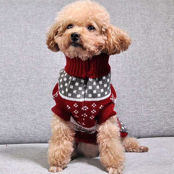 HKM-5519549 Cozy Knitted Wool Turtleneck Sweater for Pets - Christmas Maple Snowflake Design