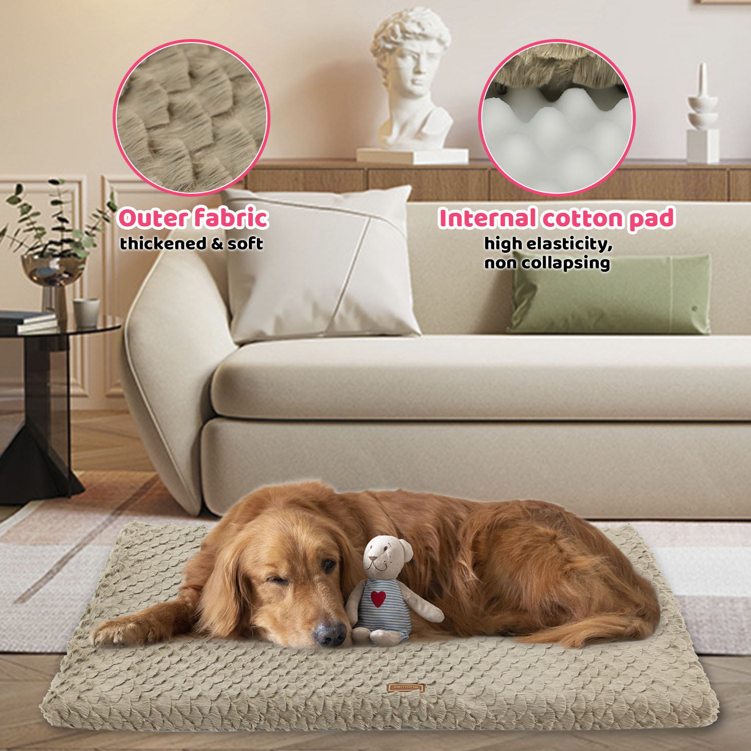 HKM-5520189 Ultra Soft Plush Dog Bed with Removable Washable Cover - Anti-Slip Mat for Medium to Large Pets, All-Season Comfort