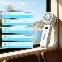 HKM-5524819 Portable Handheld Turbo Fan with Ice Cooling, 5-in-1 Design, 5 Speeds, 13000RPM, 5000mAh Rechargeable Battery, Foldable Personal Fan with LED Display