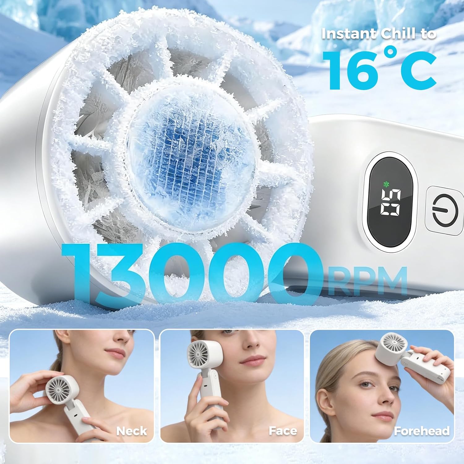 HKM-5524819 Portable Handheld Turbo Fan with Ice Cooling, 5-in-1 Design, 5 Speeds, 13000RPM, 5000mAh Rechargeable Battery, Foldable Personal Fan with LED Display