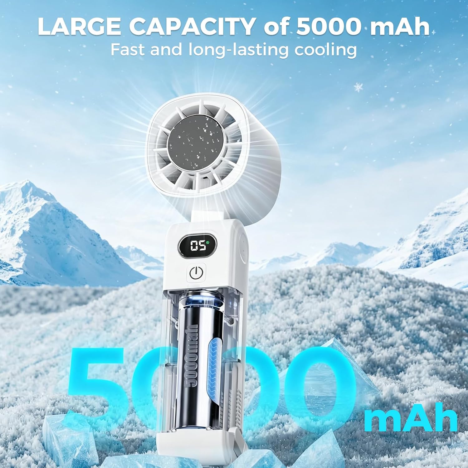 HKM-5524819 Portable Handheld Turbo Fan with Ice Cooling, 5-in-1 Design, 5 Speeds, 13000RPM, 5000mAh Rechargeable Battery, Foldable Personal Fan with LED Display