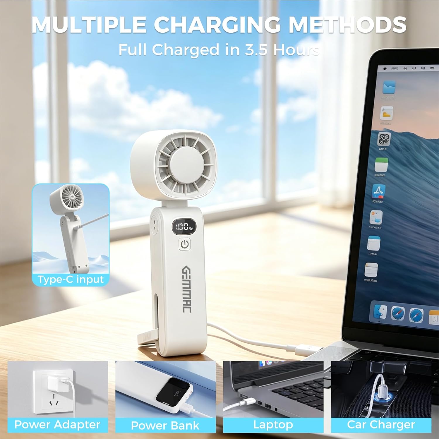 HKM-5524819 Portable Handheld Turbo Fan with Ice Cooling, 5-in-1 Design, 5 Speeds, 13000RPM, 5000mAh Rechargeable Battery, Foldable Personal Fan with LED Display