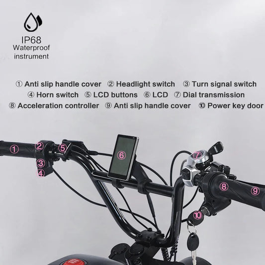 HKM-552723 48V 1500W Off-Road Cruiser E-Bike with 36Ah Battery, 20-Inch Wheels, 7-Speed Gear System, Black & Pink
