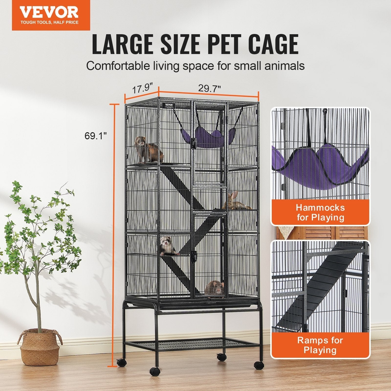 HKM-5530941 4-Tier Rolling Metal Ferret Cage with Platforms, Ramps, and Removable Tray
