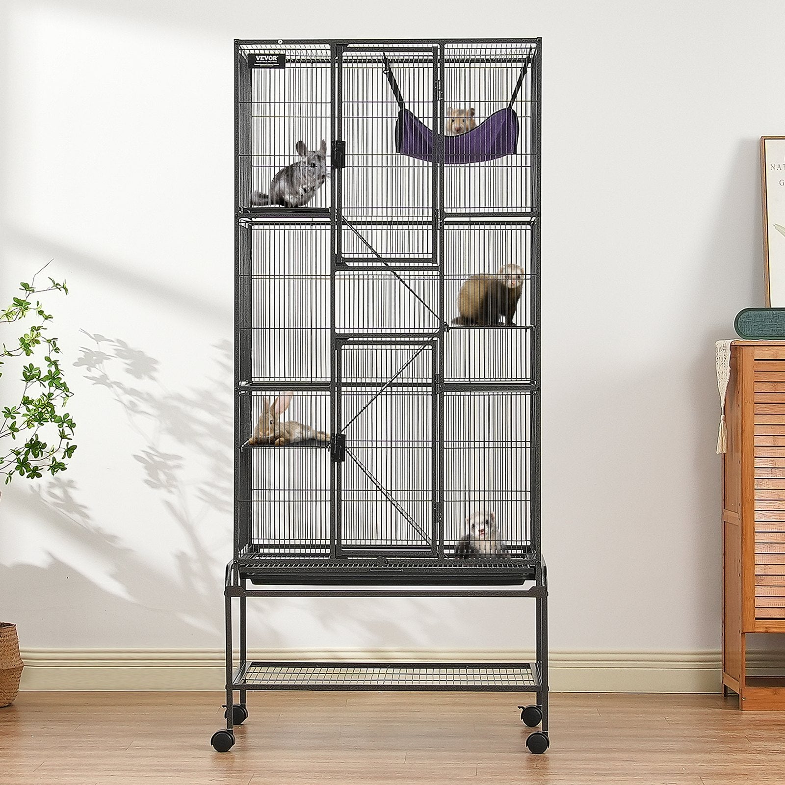 HKM-5530941 4-Tier Rolling Metal Ferret Cage with Platforms, Ramps, and Removable Tray