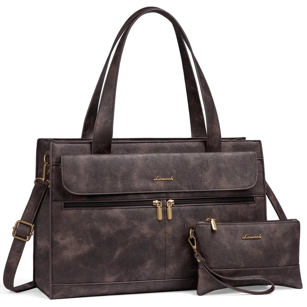 HKM-553107 Leather Laptop Tote Bag for Women, 15.6 Inch Work Briefcase with Removable Clutch Purse