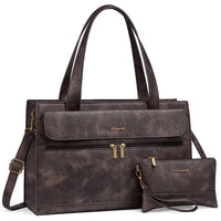 HKM-553107 Leather Laptop Tote Bag for Women, 15.6 Inch Work Briefcase with Removable Clutch Purse