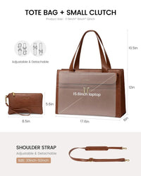 HKM-553107 Leather Laptop Tote Bag for Women, 15.6 Inch Work Briefcase with Removable Clutch Purse