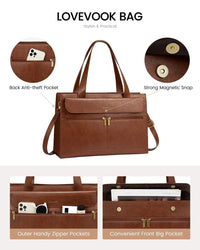 HKM-553107 Leather Laptop Tote Bag for Women, 15.6 Inch Work Briefcase with Removable Clutch Purse