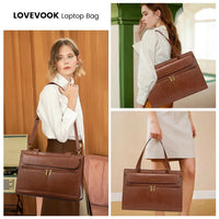HKM-553107 Leather Laptop Tote Bag for Women, 15.6 Inch Work Briefcase with Removable Clutch Purse