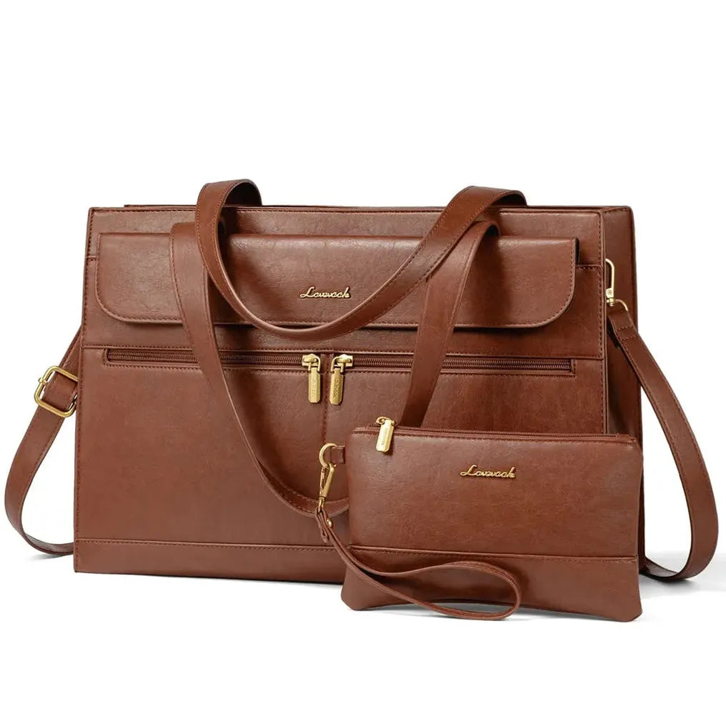HKM-553107 Leather Laptop Tote Bag for Women, 15.6 Inch Work Briefcase with Removable Clutch Purse