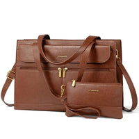 HKM-553107 Leather Laptop Tote Bag for Women, 15.6 Inch Work Briefcase with Removable Clutch Purse