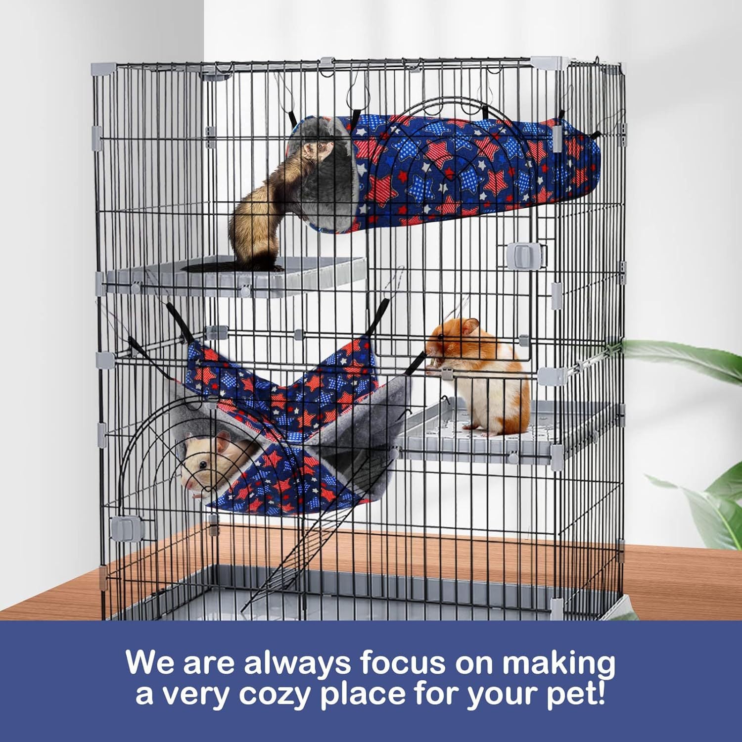 HKM-5532349 Ferret Hammock Set with Hanging Hammocks and Tubular Tunnel for Small Pets