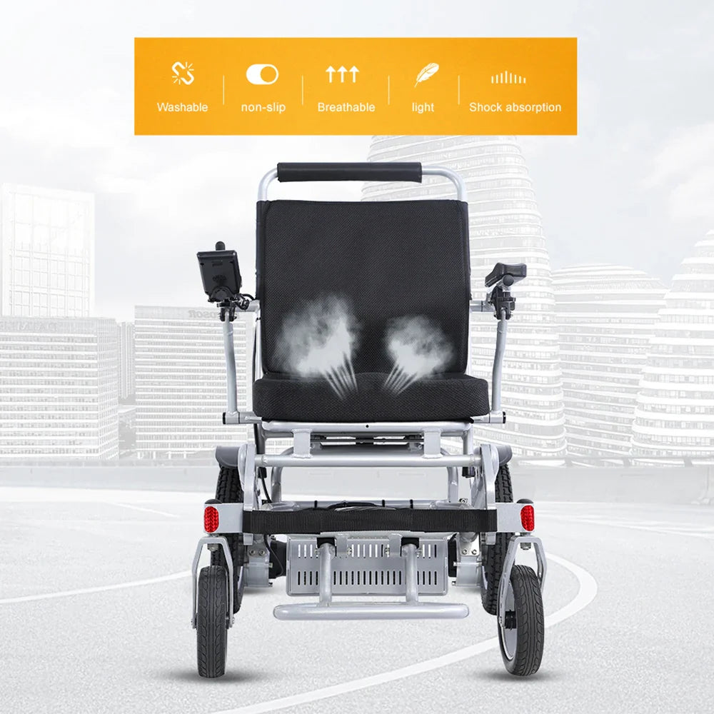 HKM-553427 Lightweight Electric Wheelchair, Portable Folding Design, Aluminum Alloy Frame, 20km Range, 120kg Capacity, Silver