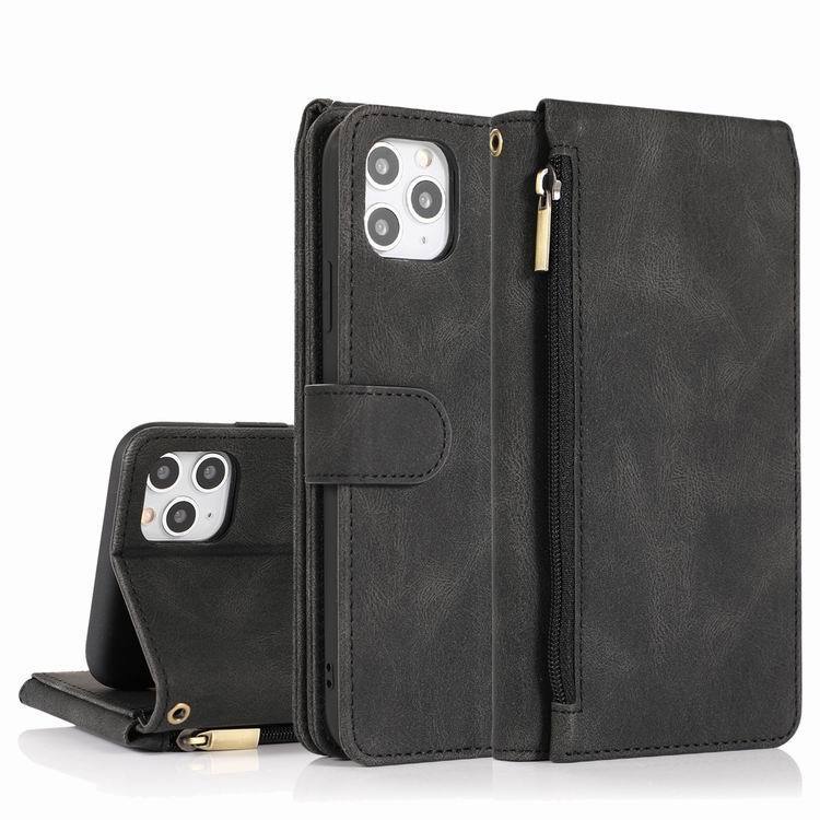 HKM-553811 Leather Wallet Phone Case - Solid Color Zipper Bag with Card Holder for Mobile Devices