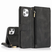 HKM-553811 Leather Wallet Phone Case - Solid Color Zipper Bag with Card Holder for Mobile Devices