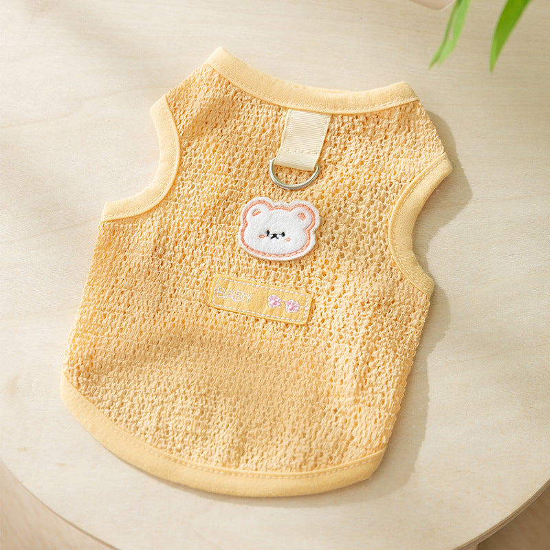 HKM-5538621 Hollowed-out Breathable Knitted Cat Clothes with Bear Patch in Multiple Colors