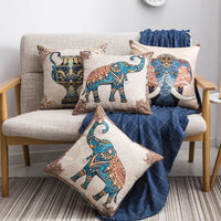 HKM-553939 Elephant-Themed Linen Cushion Cover - Floral Frame Designs, 45x45cm