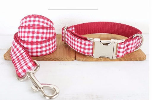 HKM-5542589 Red Plaid Polyester Pet Collar - Stylish and Durable Choice for Pet Control and Comfort