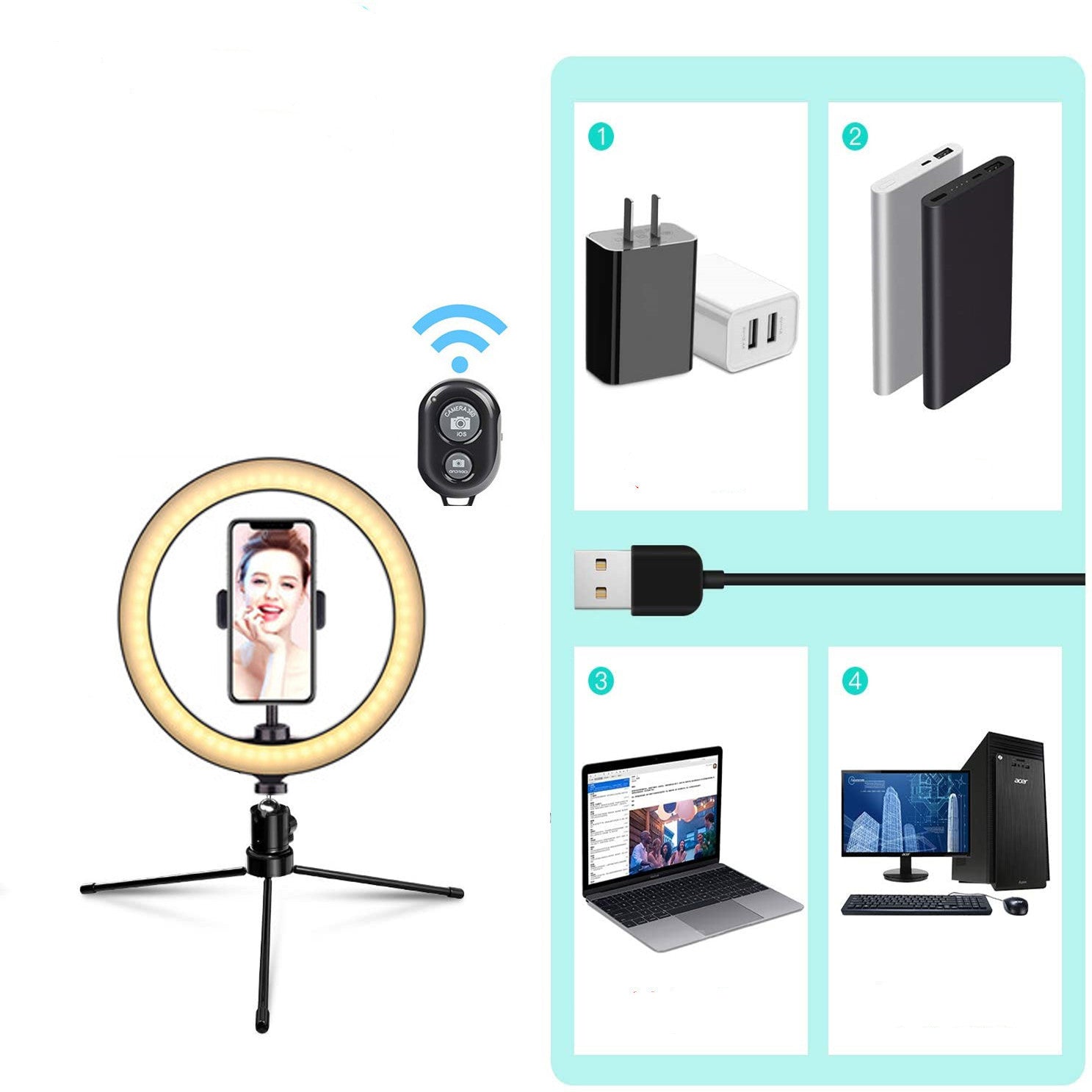 HKM-554259 10 Inch Metal Desktop Bracket Fill Light with Remote Control - 3 Light Modes & 10 Brightness Levels