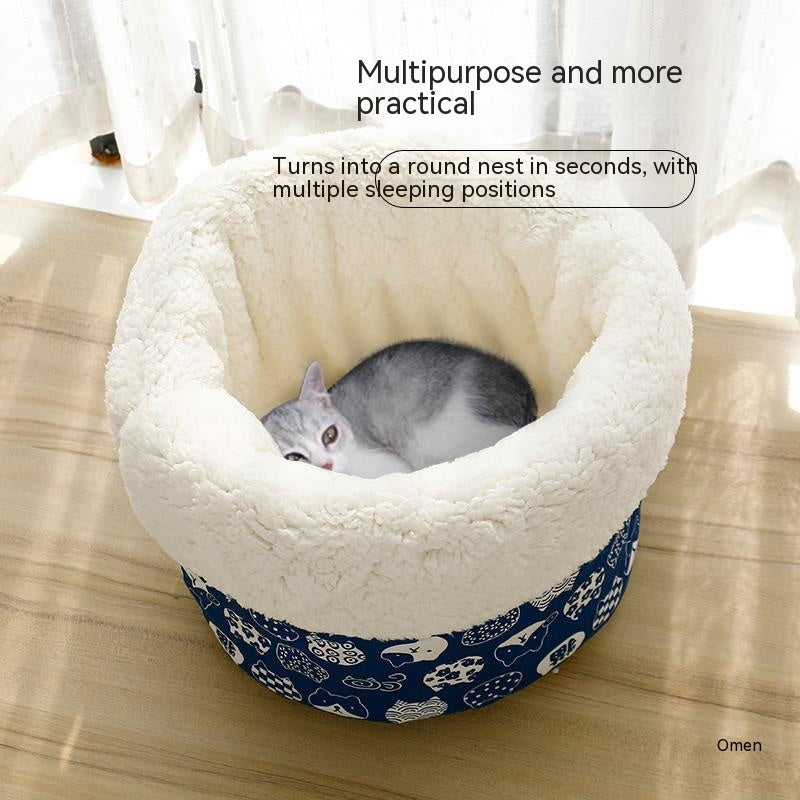 HKM-5542845 Cotton Velvet Cat Nest in Round Large Barrel Design - Soft and Cozy for Cats