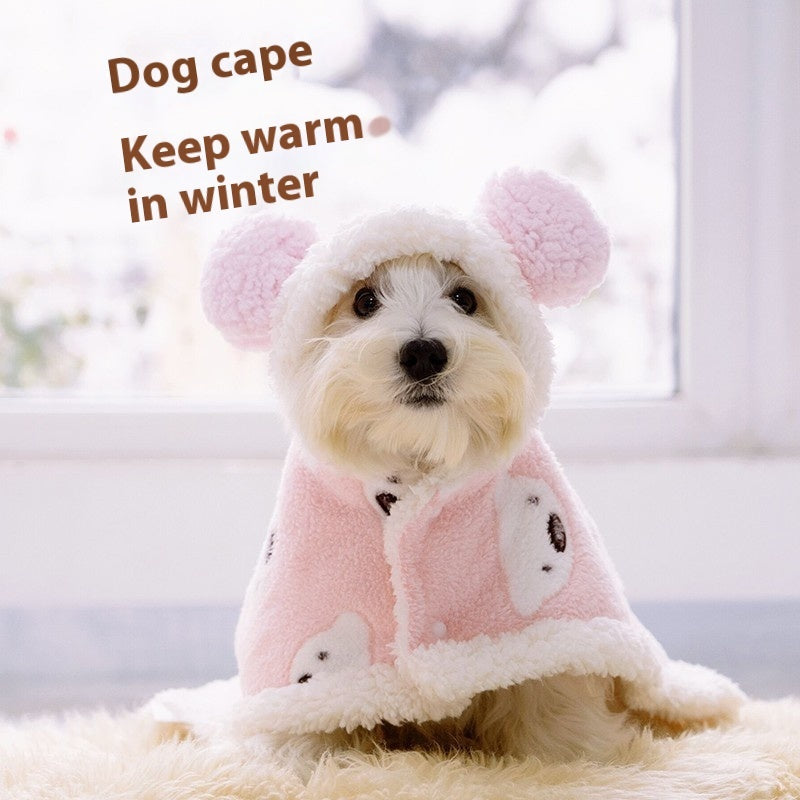 HKM-5543357 Warm Coral Fleece Dog Cloak in Brown and Pink for Small to Medium Pets