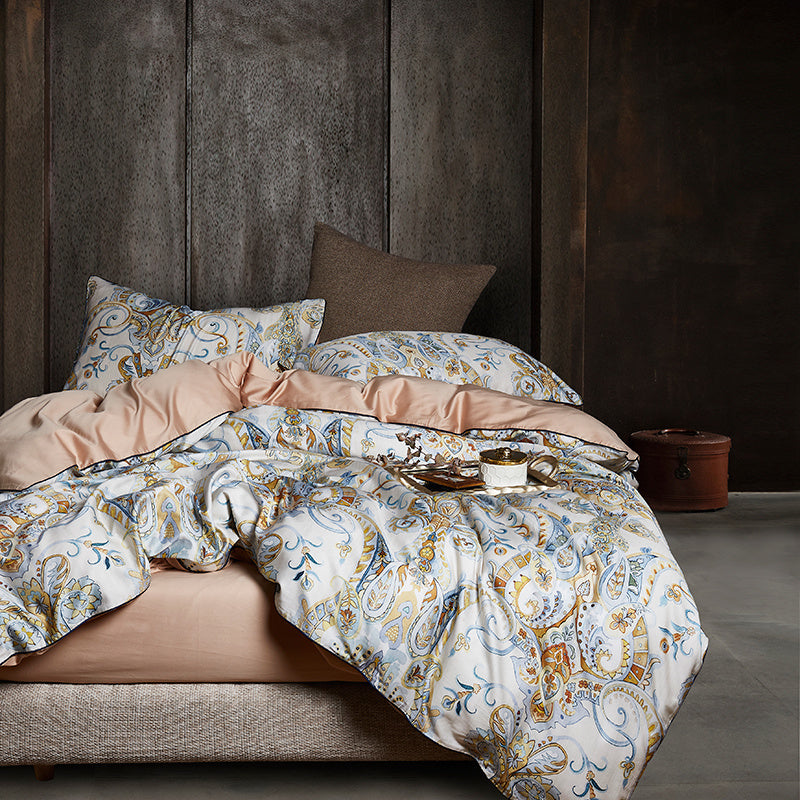HKM-554387 Satin Cotton Four-Piece Pastoral Bedding Set with Floral and Plant Prints