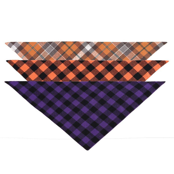 HKM-554451 Cotton Check Triangle Scarf for Pets - Winter Accessory in Purple Black, Orange Black, and Orange White
