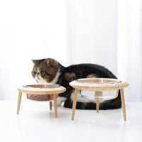 HKM-5544765 Glass UFO Pet Bowl with Oak Frame - Two Sizes: 480ML & 800ML