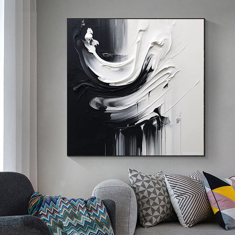 HKM-554643 Handmade Black and White Abstract Oil Painting on Canvas for Modern Home Decor - Unstretched and Frameless