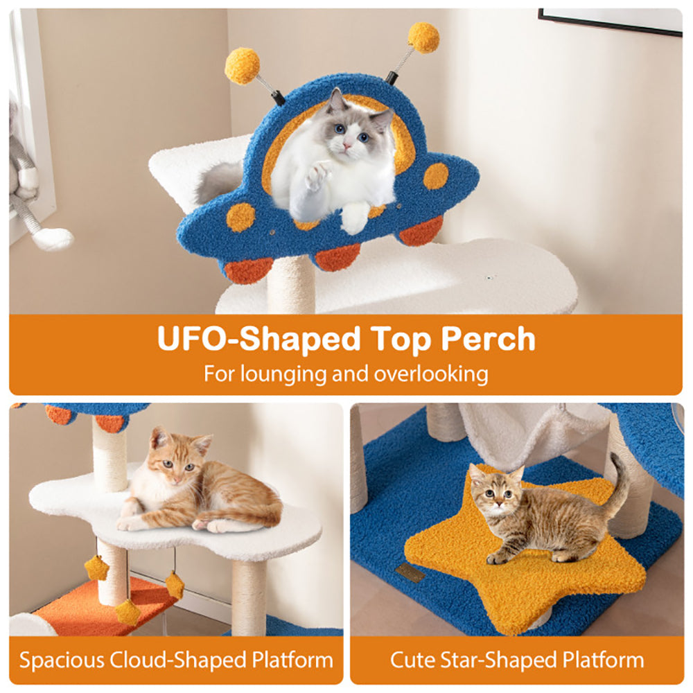 HKM-5548733 Space-Themed 49-Inch Cat Tree with UFO Perch, Sisal Scratching Posts, and Multiple Resting Areas