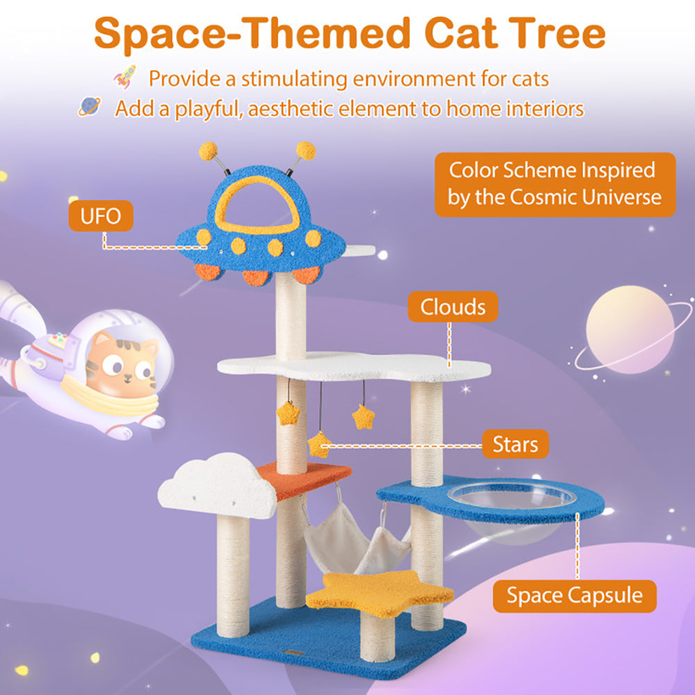 HKM-5548733 Space-Themed 49-Inch Cat Tree with UFO Perch, Sisal Scratching Posts, and Multiple Resting Areas