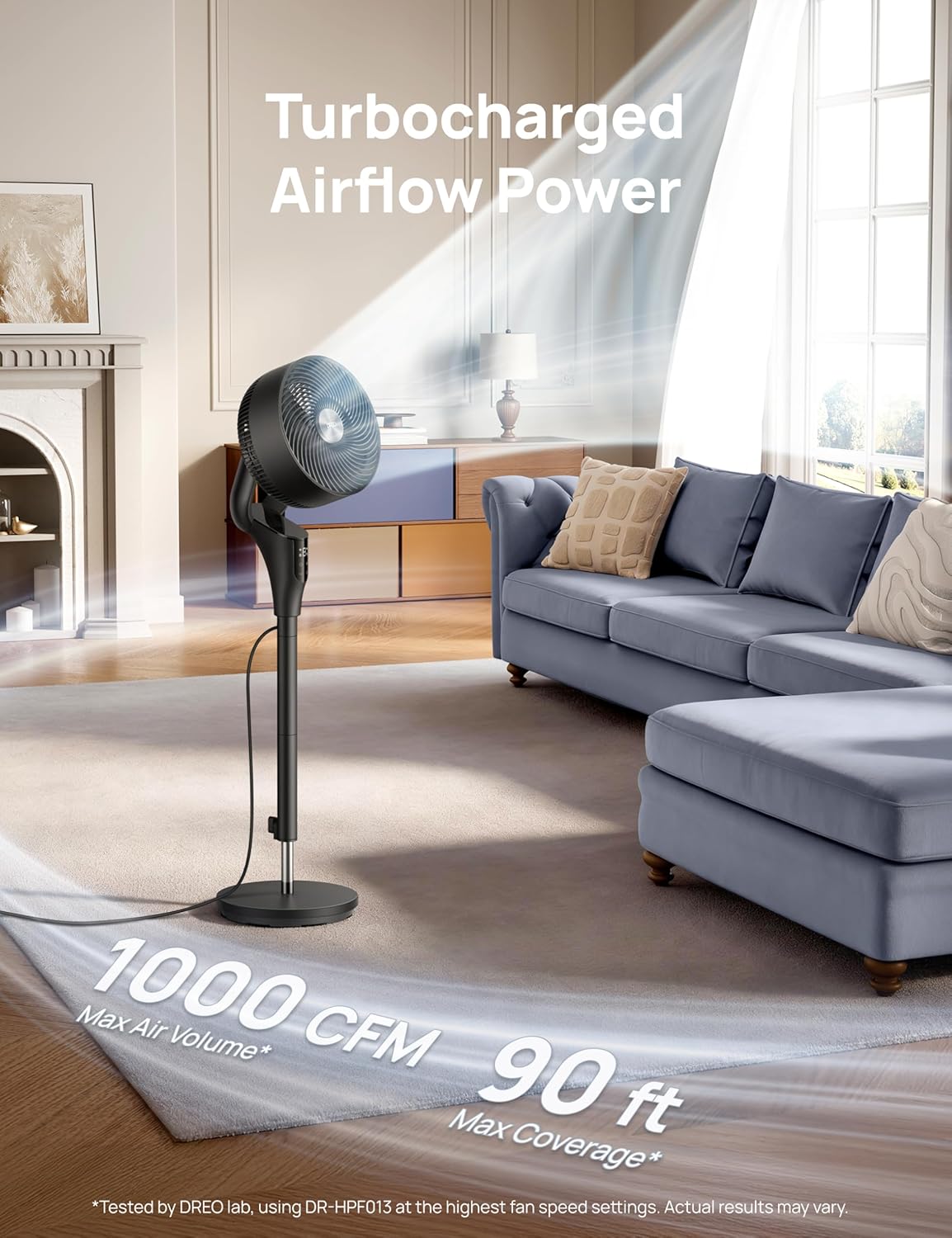 HKM-5557587 2026 Upgraded 90ft Airflow Quiet Oscillating Standing Fan, 20dB, 8 Speeds, Adjustable Height 38-42'', 8H Timer, DC Motor